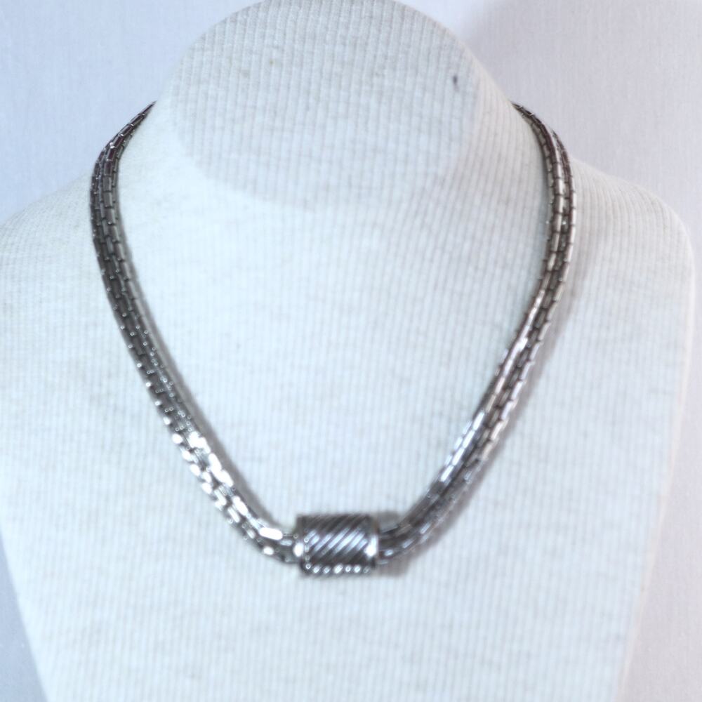 💎Double Stranded Choker Necklace Silver Tone Cylindrical Links Barrel Clasp